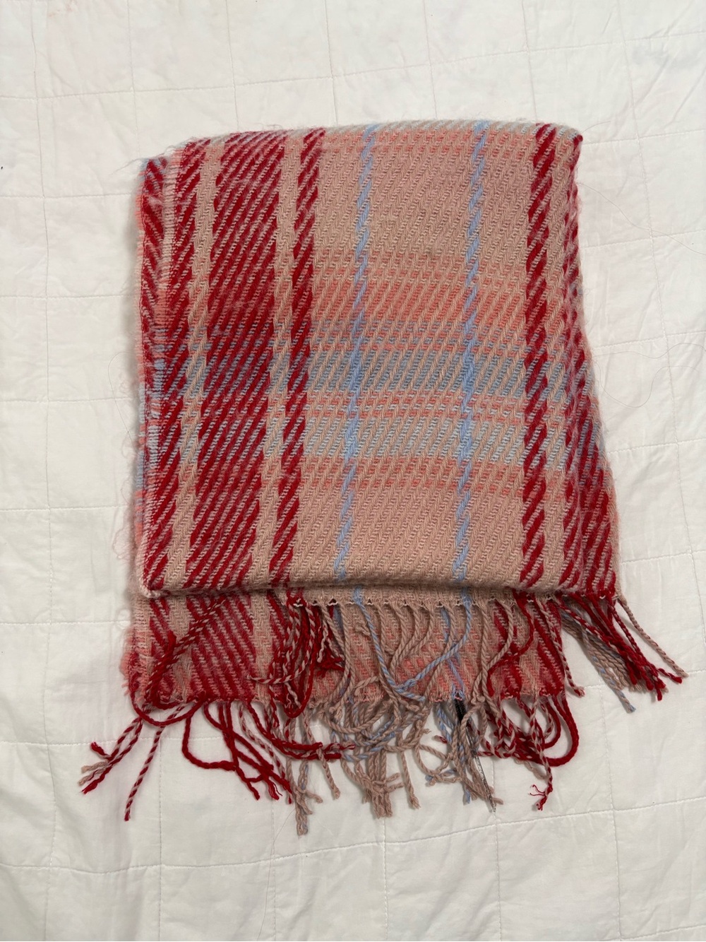 AERIE oversized Plaid Fringe Scarf in Blush & Red